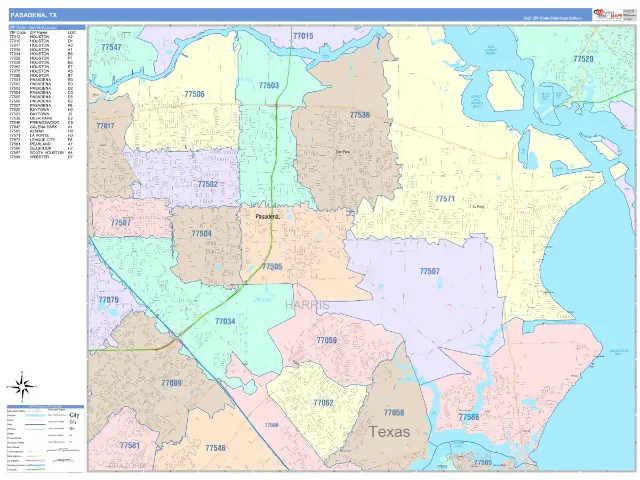 Pasadena, TX ZIP Code Wall Map, ColorCast style