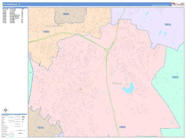 Pflugerville, TX ZIP Code Wall Map, ColorCast style