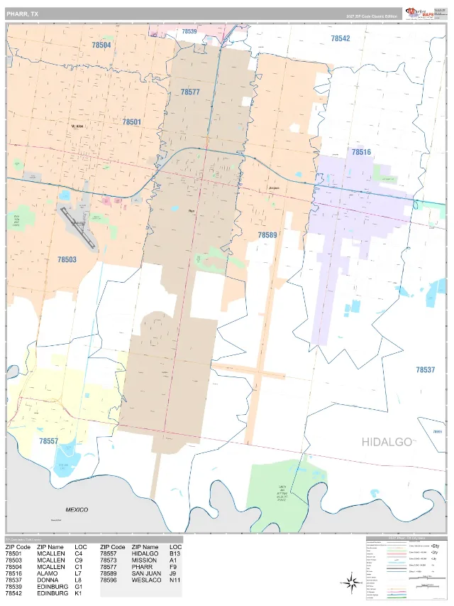 Pharr, TX ZIP Code Wall Map, Classic style
