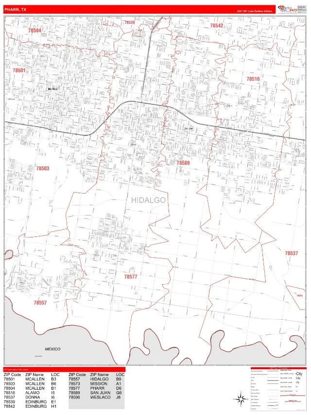 Pharr, TX ZIP Code Wall Map, RedLine style
