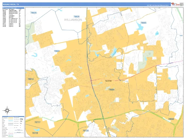 Round Rock, TX ZIP Code Wall Map, Business Reference style