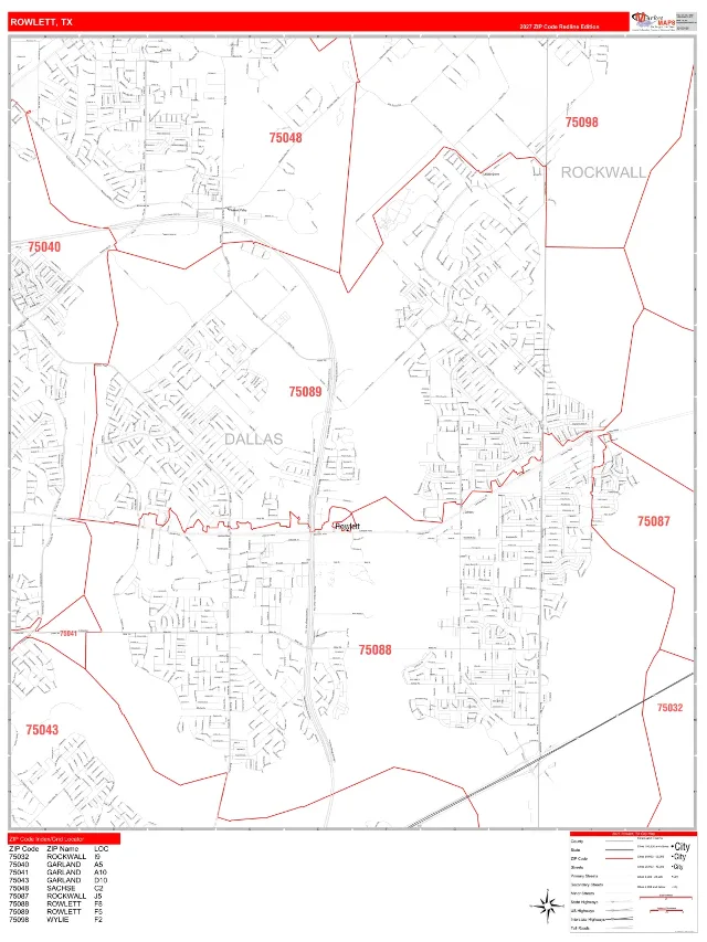 Rowlett, TX ZIP Code Wall Map, RedLine style