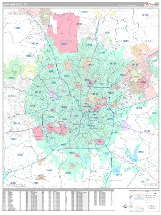 San Antonio, TX Classic style ZIP Code wall map