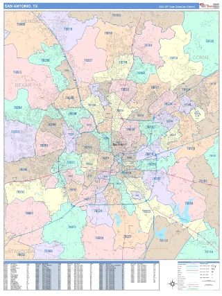 San Antonio, TX ColorCast style ZIP Code wall map