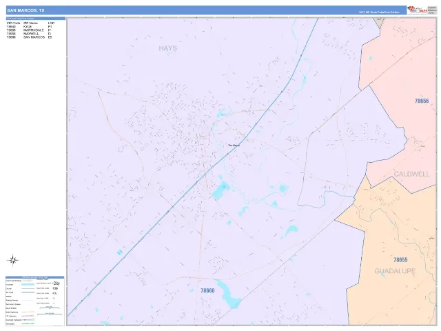 San Marcos, TX ZIP Code Wall Map, ColorCast style