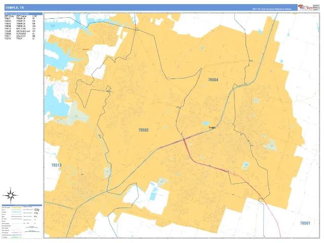 Temple, TX ZIP Code Wall Map, Business Reference style