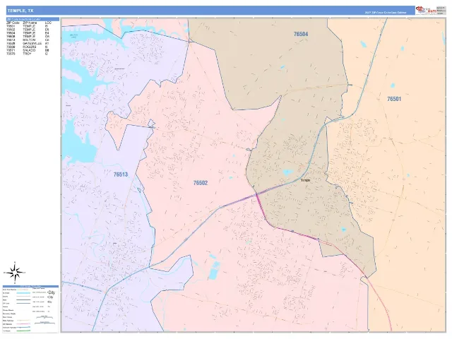 Temple, TX ZIP Code Wall Map, ColorCast style