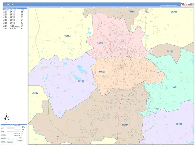 Tyler, TX ZIP Code Wall Map, ColorCast style