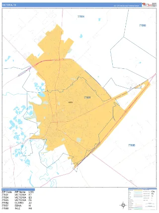 Victoria, TX Business Reference style ZIP Code wall map
