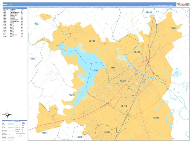 Waco, TX ZIP Code Wall Map, Business Reference style