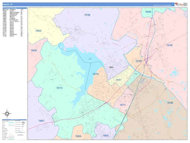 Waco, TX ZIP Code Wall Map, ColorCast style