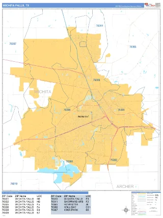 Wichita Falls, TX Business Reference style ZIP Code wall map