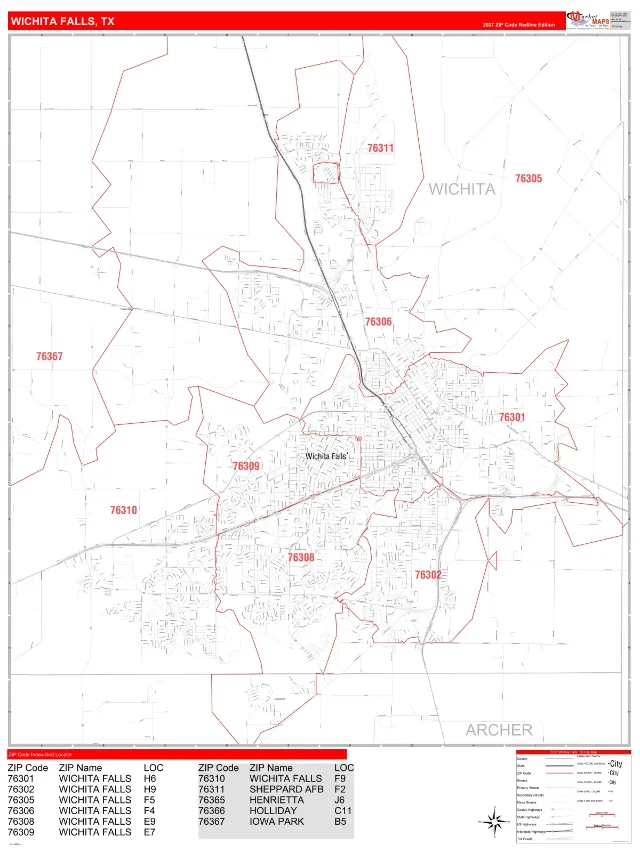 Wichita Falls, TX ZIP Code Wall Map, RedLine style