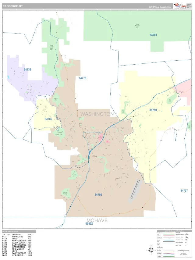 St. George, UT ZIP Code Wall Map, Classic style