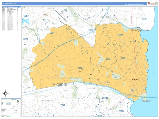 Alexandria, VA ZIP Code Wall Map, Business Reference style