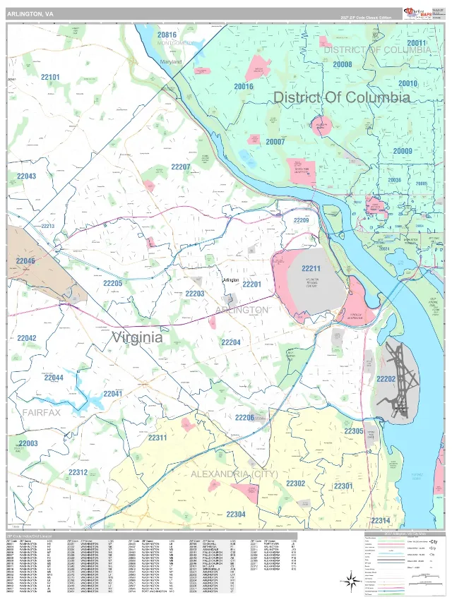 Arlington, VA ZIP Code Wall Map, Classic style