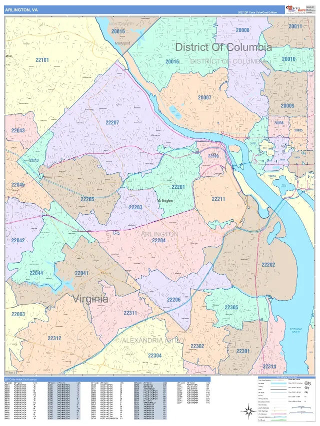 Arlington, VA ZIP Code Wall Map, ColorCast style