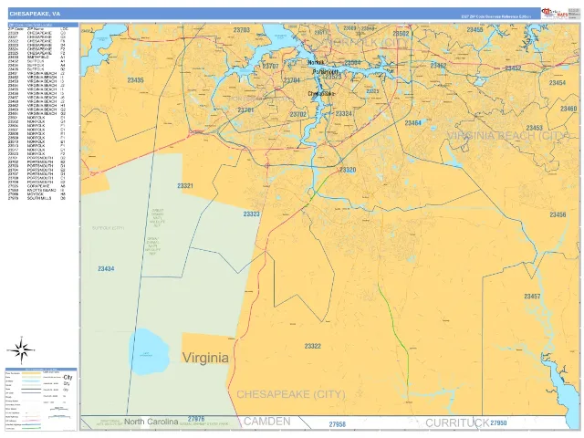 Chesapeake, VA ZIP Code Wall Map, Business Reference style