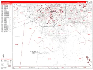 Chesapeake, VA RedLine style ZIP Code wall map