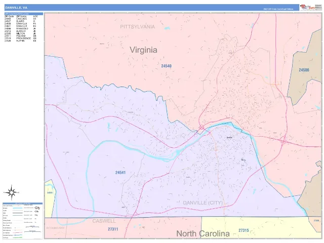 Danville, VA ZIP Code Wall Map, ColorCast style