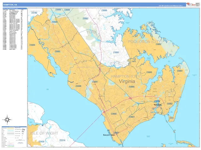 Hampton, VA ZIP Code Wall Map, Business Reference style
