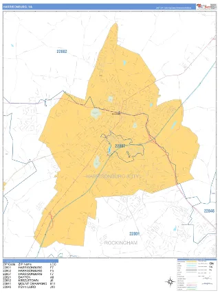 Harrisonburg, VA Business Reference style ZIP Code wall map