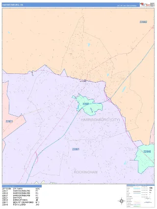 Harrisonburg, VA ColorCast style ZIP Code wall map