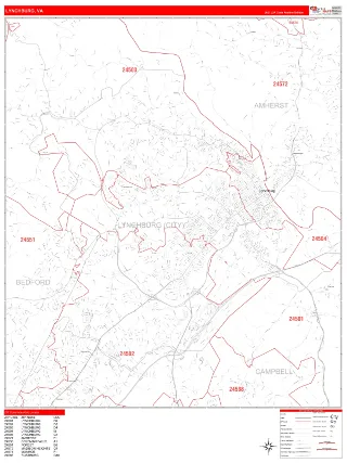 Lynchburg, VA RedLine style ZIP Code wall map