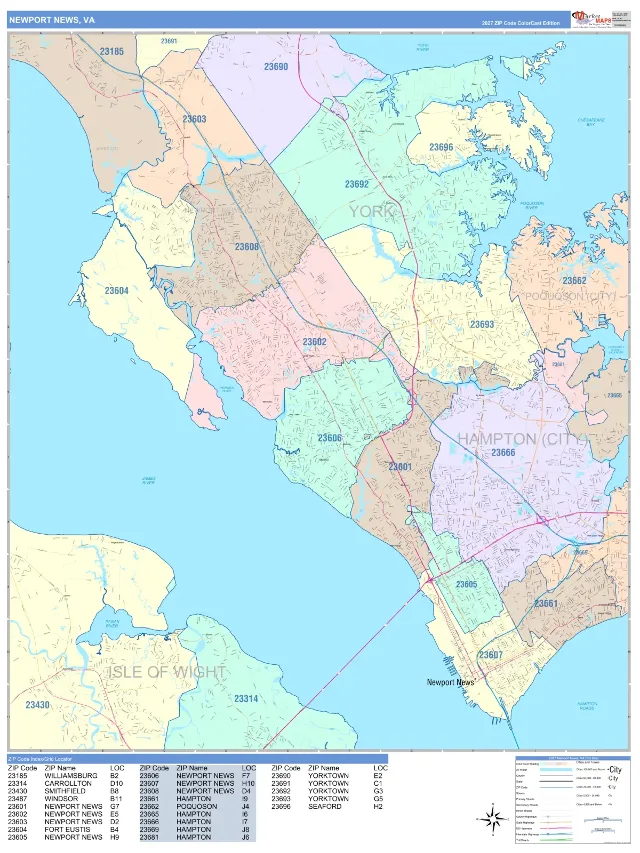 Newport News, VA ZIP Code Wall Map, ColorCast style