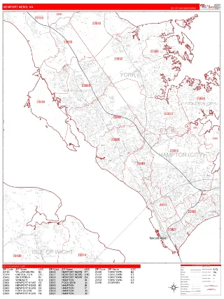 Newport News, VA RedLine style ZIP Code wall map