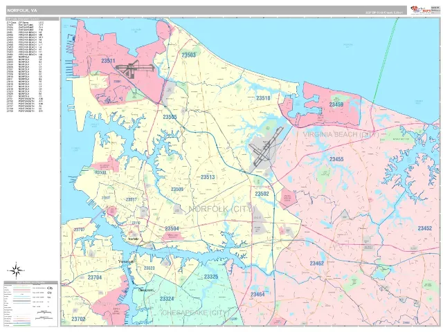 Norfolk, VA ZIP Code Wall Map, Classic style