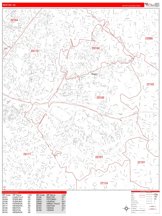 Reston, VA ZIP Code Wall Map, RedLine style