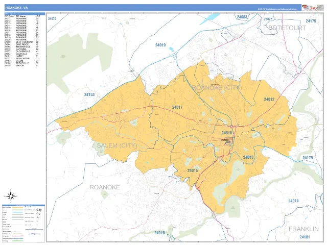 Roanoke, VA ZIP Code Wall Map, Business Reference style