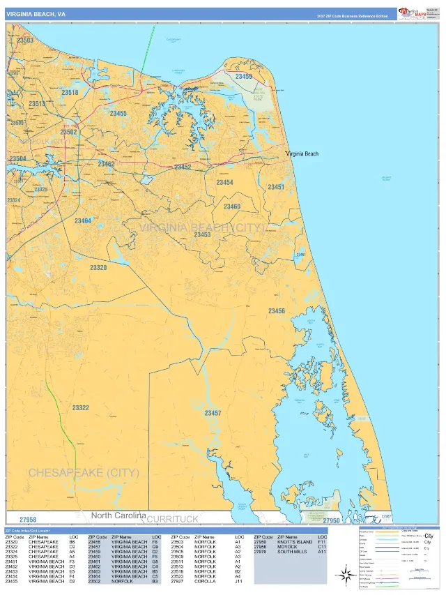 Virginia Beach, VA ZIP Code Wall Map, Business Reference style