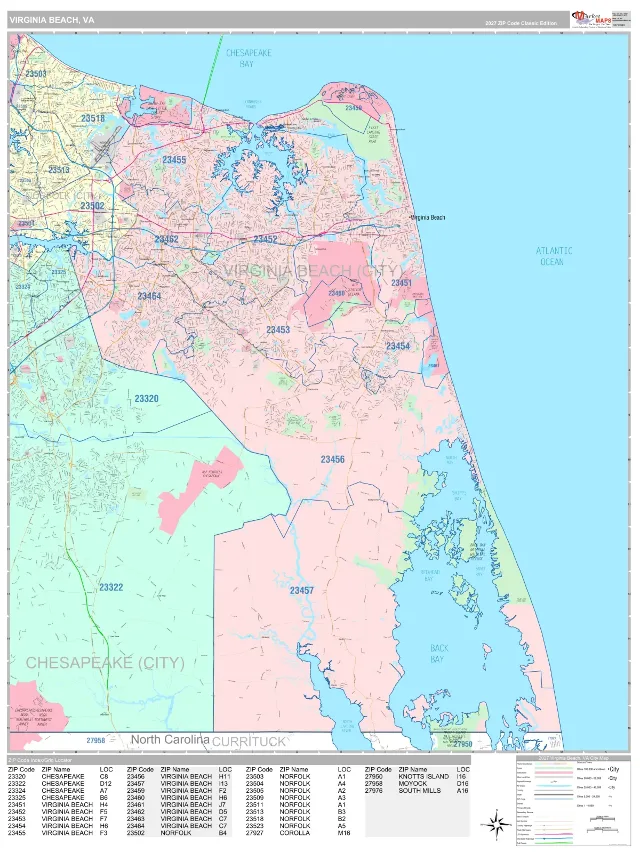 Virginia Beach, VA ZIP Code Wall Map, Classic style