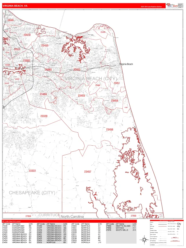 Virginia Beach, VA ZIP Code Wall Map, RedLine style