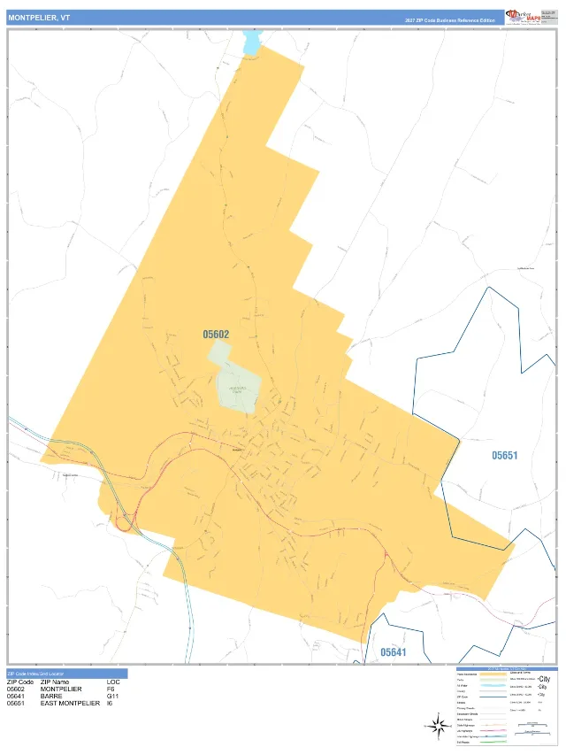Montpelier, VT ZIP Code Wall Map, Business Reference style