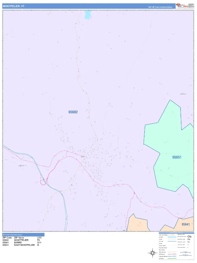 Montpelier, VT ZIP Code Wall Map, ColorCast style