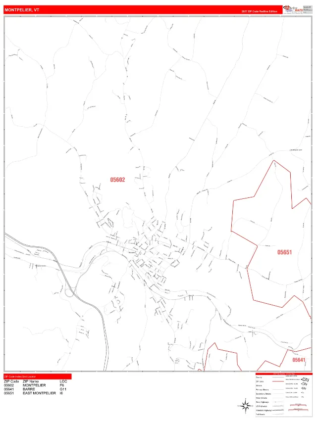 Montpelier, VT ZIP Code Wall Map, RedLine style