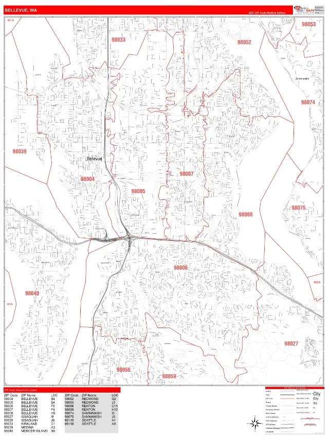 Bellevue, WA ZIP Code Wall Map, RedLine style