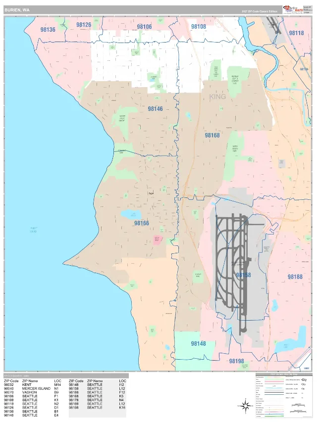Burien, WA ZIP Code Wall Map, Classic style