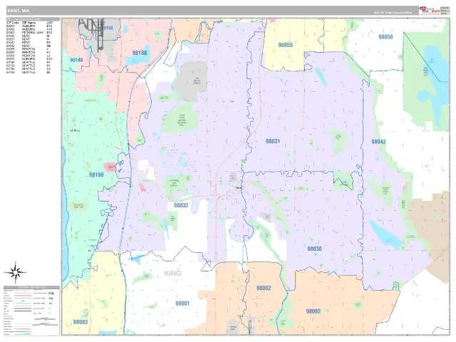 Kent, WA ZIP Code Wall Map, Classic style