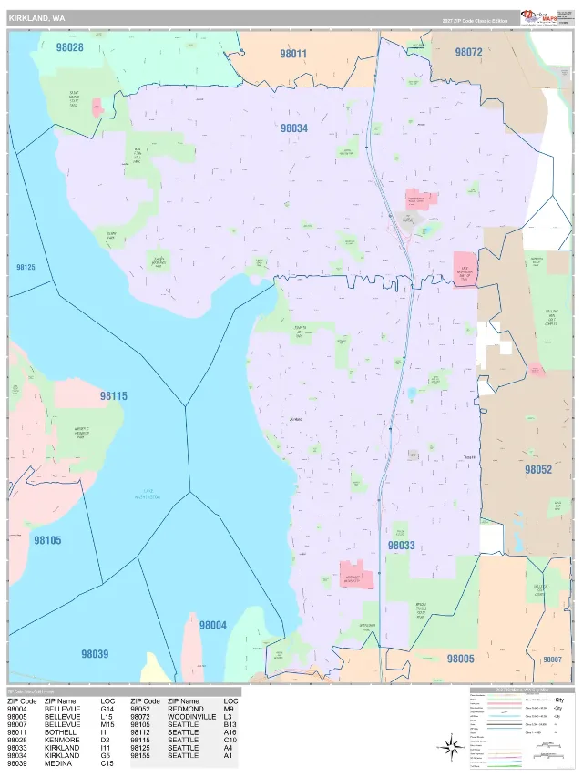 Kirkland, WA ZIP Code Wall Map, Classic style