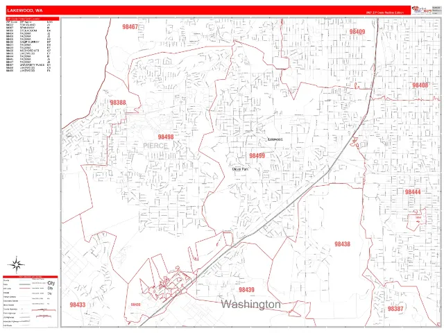 Lakewood, WA ZIP Code Wall Map, RedLine style