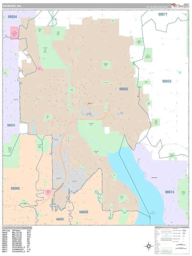 Redmond, WA ZIP Code Wall Map, Classic style