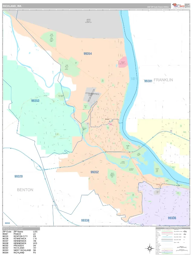 Richland, WA ZIP Code Wall Map, Classic style