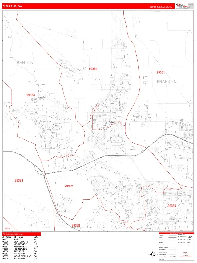 Richland, WA ZIP Code Wall Map, RedLine style