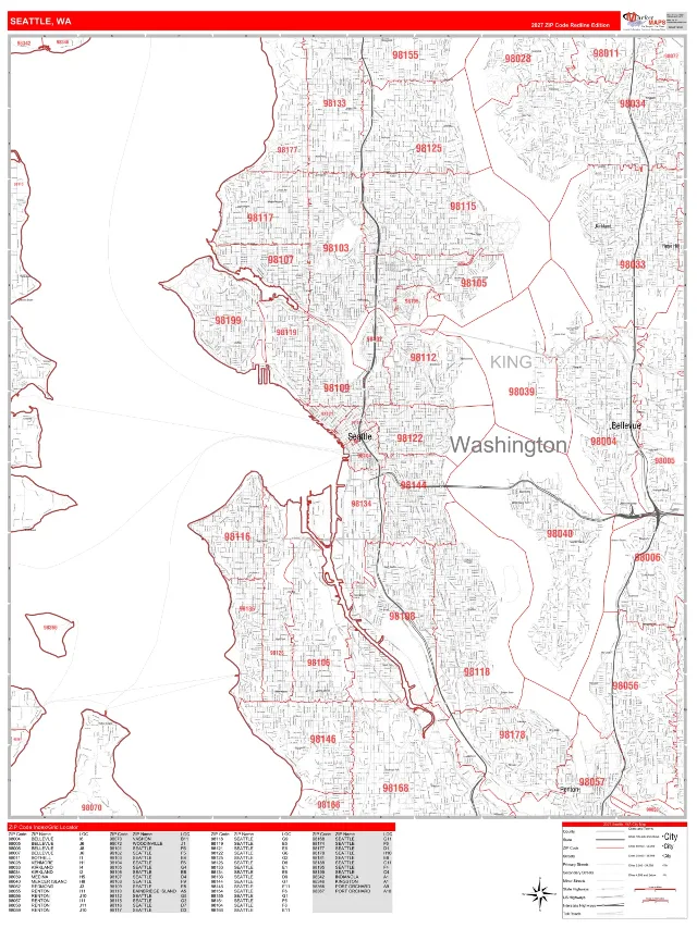 Seattle, WA ZIP Code Wall Map, RedLine style
