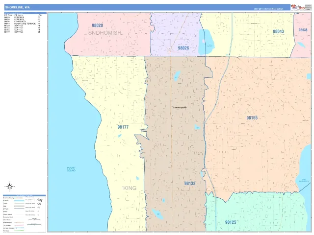 Shoreline, WA ZIP Code Wall Map, ColorCast style