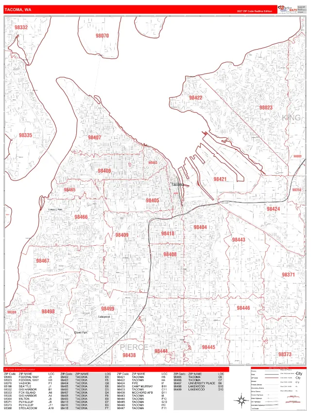 Tacoma, WA ZIP Code Wall Map, RedLine style